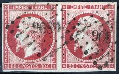 France 20 Used FVF Pair 80c carmine (Maury #17A) pinholes, thin ZAYIX 0825SB3900 - Image 1 of 2