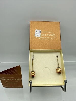 Authentic Murano Glass Earrings With Certificate- Cube- Gold/Red Swirl- M2 - Image 1 of 4