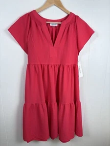 NWT Calvin Klein Pink Coral Short Sleeve Tiered Dress Size 8 Above Knee $134 - Picture 1 of 12