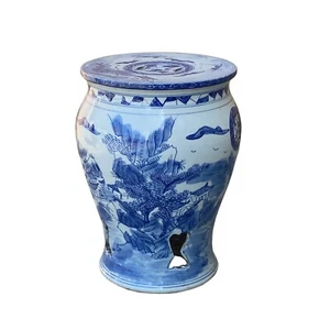 Chinese Blue & White Porcelain Mountain Tree Small Round Stool Table cs7405 - Picture 1 of 5