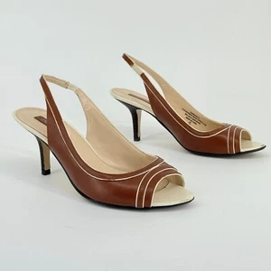 Jones New York Peep Toe Slingback Heels Size 7M Brown Cream Leather Y2K Retro - Picture 1 of 8