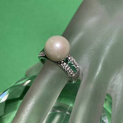 White edison pearl emerald/ zircon  rhodium/ 925 ring sz8  - Image 1 of 4