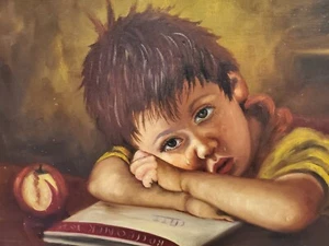 Vintage painting signed Kurte child with apple and book 24 x 20 - Picture 1 of 5