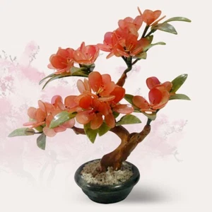 Natural Jade Artificial Peach Flower Bonsai Plant Tree Leaf Gemstone Feng Shui 3 - Picture 1 of 3