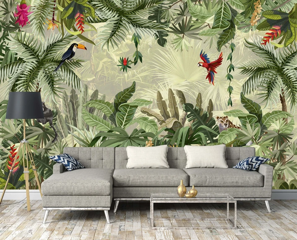 Papel pintado botánico 312x219 cm característica mural verde selva aves y loros Foto 1 de 4