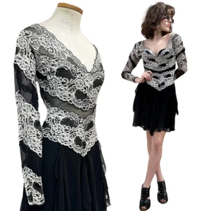 Vintage Casadei 1990s Lace Sheer Mesh Black Handkerchief Dress - Picture 1 of 7