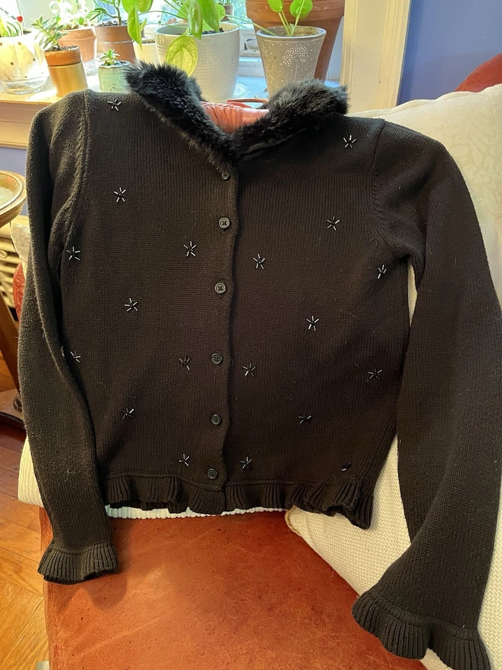 Vintage Gymboree Knit Sweater Sz 10 Faux Fur Collar Bead Snowflakes Ruffle Cuff - Image 1 of 4