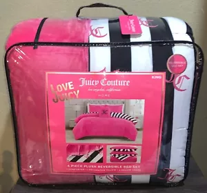 Juicy Couture KING Reversible Comforter Set Plush Pink & Striped w/JC Monograms - Picture 1 of 5