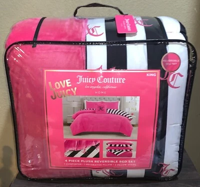 Juego de edredón reversible Juicy Couture KING felpa rosa y rayas con monogramas JC Foto 1 de 4