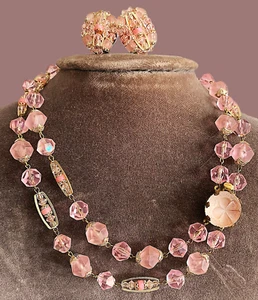 Vtg 50s Retro Dble Strand Necklace Earrings Pink Carved Lucite Clasp W Germy 18" - Picture 1 of 15