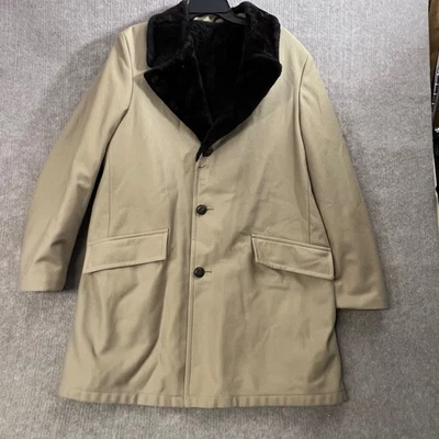 Sears Vintage Men 42 Tall Tan Over Coat Faux Fur Collar Dress Coat Mid Length - Image 1 of 4
