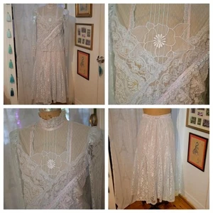 Vintage 70er Silber Spitze viktorianische Bluse Top Gored Rock Set Handarbeit Whimsigoth 7/8 - Bild 1 von 15