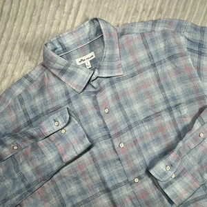 Peter Millar Linen Button Up Shirt Men's L Blue Plaid Lightweight Resort Preppy - Picture 1 of 15