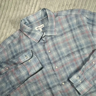 Peter Millar Linen Button Up Shirt Men's L Blue Plaid Lightweight Resort Preppy - Image 1 of 4
