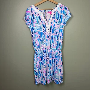 Lilly Pulitzer Reble Romper Skort Dress Reel Nauti Blue Pink Sailboat Mini Small - Picture 1 of 8
