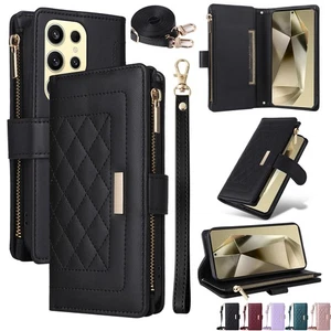 For Samsung S25 Ultra S24 Plus S23 S22 Zip Flip Wallet Cover Leather Case Strap - Picture 1 of 17