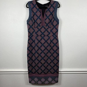 Maggy London Sleeveless Midi Dress Women’s 14 Damask Geometric Split Round Neck - Picture 1 of 13
