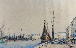 Edouard FEBVRE (1885-1967) Aquarelle : vue présumée d'un port en Normandie - Foto 1 di 12