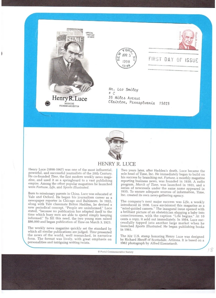 Postal Society First Day  FDC Stamp # 2935 Henry Luce Time Magazine 32 cent 1998 - Image 1 of 1