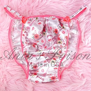 VALENTINE'S Sissy Satin Panties for MEN Paris Print Pink shiny String Bikini - Picture 1 of 5