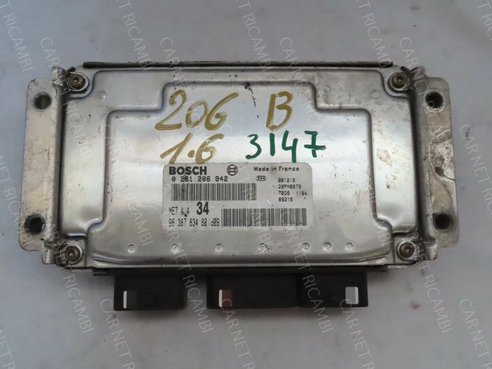 9638783480 CENTRALINA MOTORE PEUGEOT 206CC 1.6 16V 80KW 0261206942 BOSCH ME7.4.4 - Immagine 1 di 4
