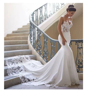 Spaghetti Strap Beach Mermaid Wedding Dresses Sleeveless Backless Long Train - Picture 1 of 9