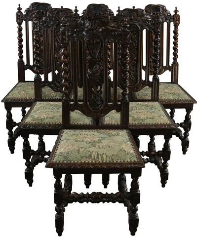 ANTIQUE DINING CHAIRS HUNTING RENAISSANCE GREEN TAPESTRY FABRIC SET 6 OAK Cover