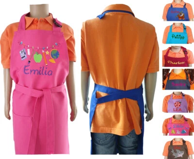 FUERSBABY Kinderschürze mit Name bestickt für Schule, Backen, Kochen,Werken,Garten,basteln