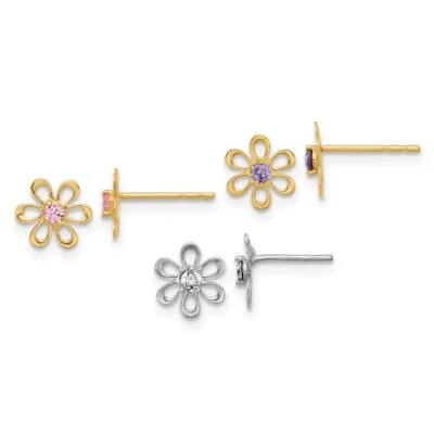 Juego de aretes con poste de flores de circonita cúbica multicolor de oro amarillo y blanco de 14K Foto 1 de 4