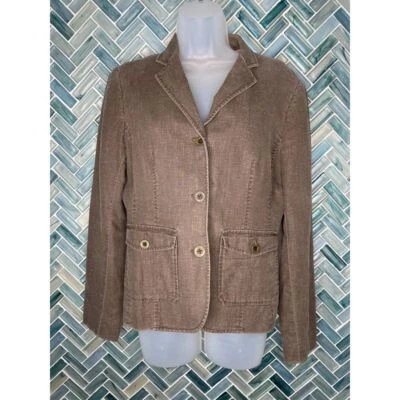 MICHAEL MICHAEL KORS WOMENS BROWN NEUTRAL LINEN BLEND FITTED JACKET BLAZER SZ 10 - Image 1 of 4