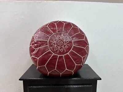 Leather Pouf Cover - Boho Chic Leather Ottoman Pouf for Home Décor - Image 1 of 4