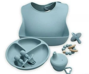 Feeding Set Blue Silicone Baby Set 6pc bib plate utensils cup cover pacifier new - Picture 1 of 12