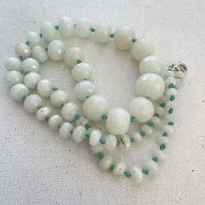 Faceted Round Amazonite Jadeite Gemstone Hand Knotted Graduated Bead Necklace - Picture 1 of 4