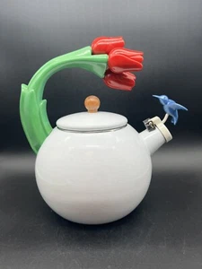 Enamel Metal Teapot Kettle With Tulips Handle And A Humming Bird. - Picture 1 of 13