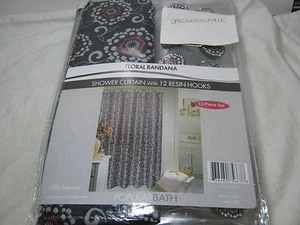 NEW Popular Bath Floral Bandana 13pc Shower Curtain & Shower Hooks Set Black - Picture 1 of 5