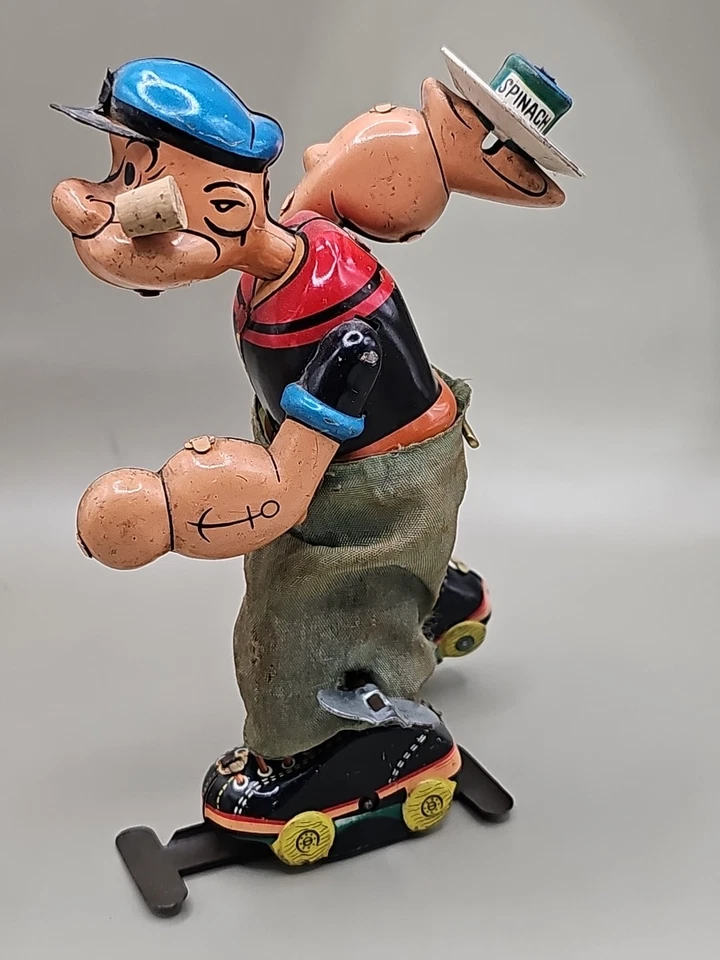 罕见 20 世纪 50 年代老式 LINEMAR TIN WINDUP POPEYE ROLLER 滑冰 无盒,可正常工作 - 阅读 — 第 1/4 张图片