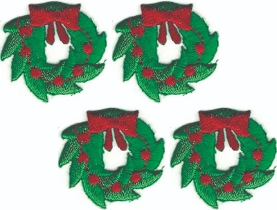 Lot of 4 Christmas Wreath Iron On Patches 1.1" Holiday Bow Applique Craft Set - Image 1 of 3