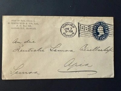 1910 US Scott U418 5 cent Postal Envelope used from Hawaii to Apia, Samoa (b/s) - Image 1 of 2