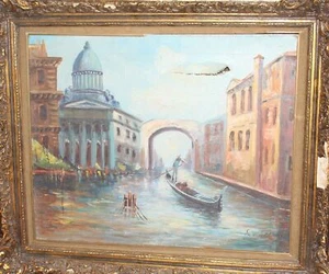 Antique impressionist oil painting river cityscape - Imagen 1 de 12