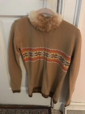 Casual Corner Argyle striped pullover sweater with a rabbit fur collar xs - Image 1 of 4