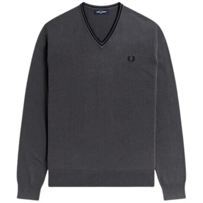 Fred Perry Black Twin Tipped V-Neck Gunmetal Grey Jumper - Imagen 1 de 2