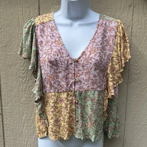 NWT Women’s O'Neill Floral Colorful V-Neck Short Flutter Ruffle Sleeve Top S - Picture 1 of 6