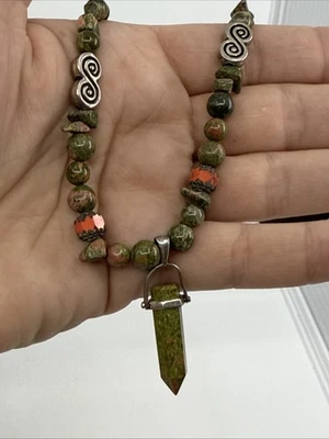 Beaded Stone Tribal Necklace Silvertone Unakite Southwest Native America 16” Adj — 第 1/4 张图片