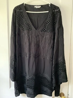 全新带标签 La Blanca 束腰泳装遮盖黑色钩针花边 V 领连衣裙 XS — 第 1/4 张图片