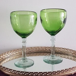Set of 2 Green Blown Glass Wine Glasses, 12 oz Green Glass Cup, Clear Stem - Picture 1 of 9