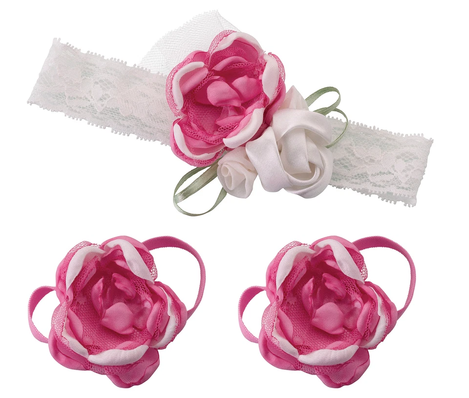 Conjunto de diadema y sandalia rosa con flores para bebé niña - adorable encaje y floral Foto 1 de 1