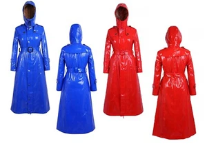 Women's Shiny Vinyl Trench Coat with Hood - Full-Length Waterproof Raincoat - Picture 1 of 14