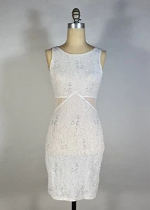Vintage 1990's bodycon white LACE & silver metallic threads dress w/mesh panels - Picture 1 of 13