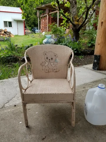 Antique Music Box seat Child's Chair Rattan Bentwood Wicker painted Teddy Bear Cover