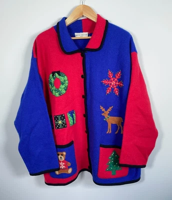 Marisa Christina Wool Christmas Cardigan Women's 3X Blue Red Holiday Sweater - Image 1 of 4